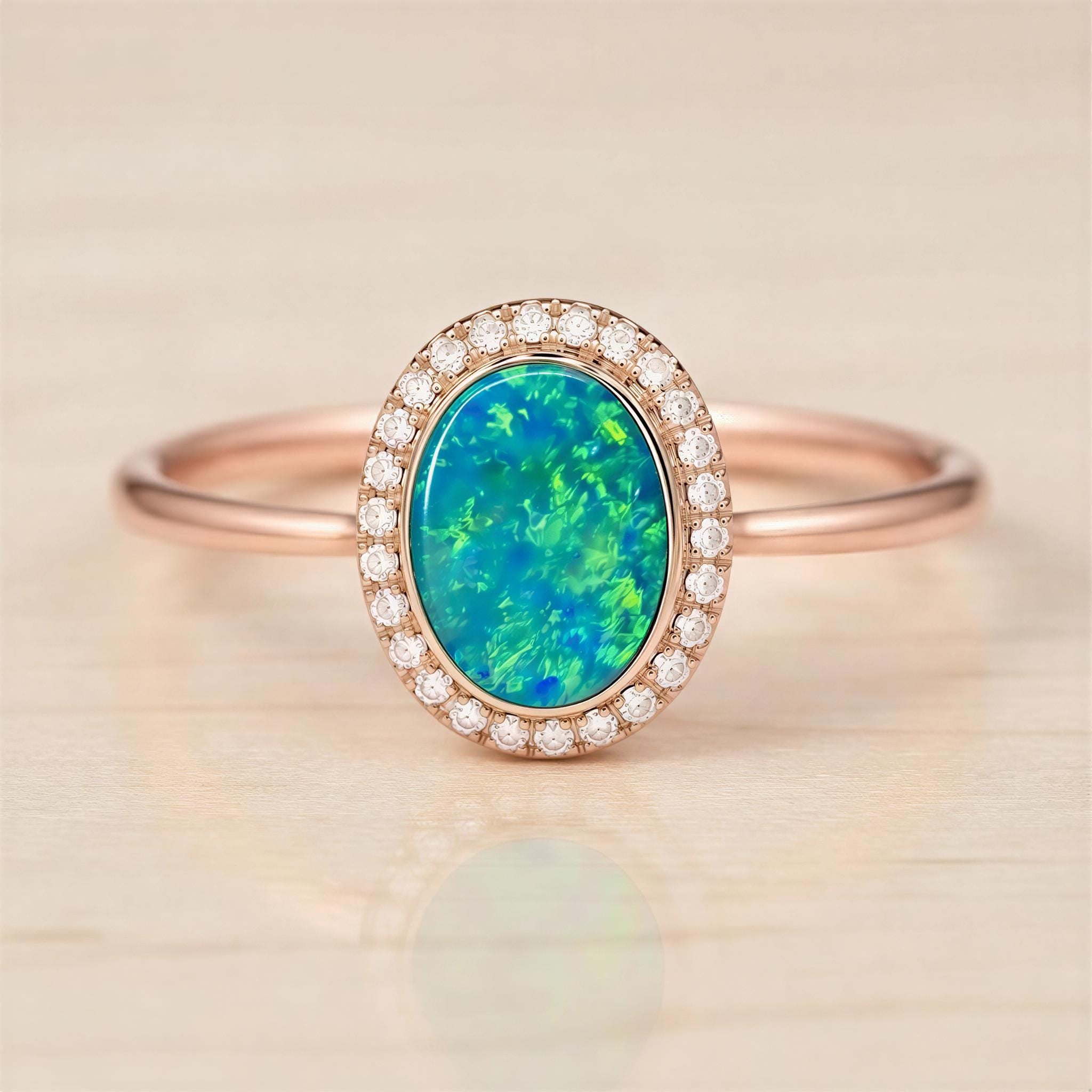 Opal Ring, Australian Boulder Doublet, Oval Halo, Lab Diamonds, 14K Gold, US 3 9, Dainty - view 5