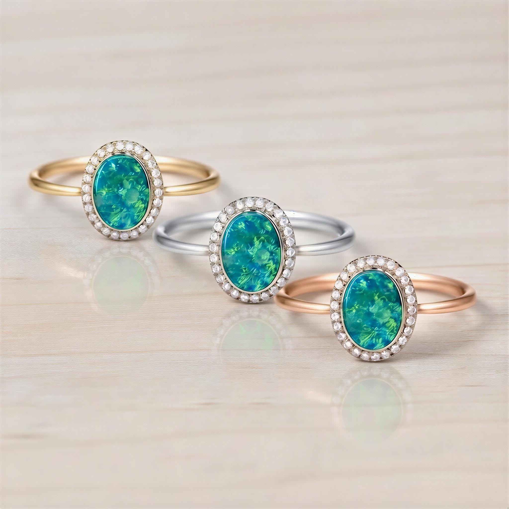 Opal Ring, Australian Boulder Doublet, Oval Halo, Lab Diamonds, 14K Gold, US 3 9, Dainty - view 6