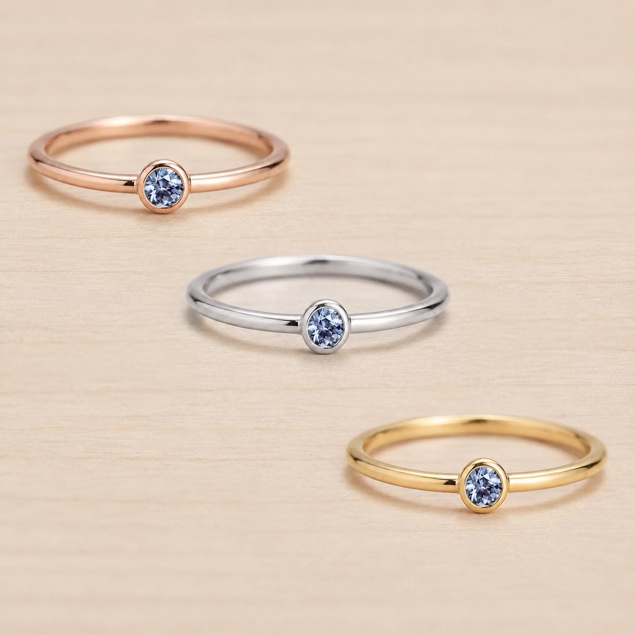 Color Change Alexandrite Bezel Stacking Ring, Dainty Gold Minimalist Band, June Birthstone - view 5