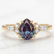 Pear Cut Chatham Alexandrite Engagement Ring, East West Marquise Diamond 14K Gold Art Deco Wedding