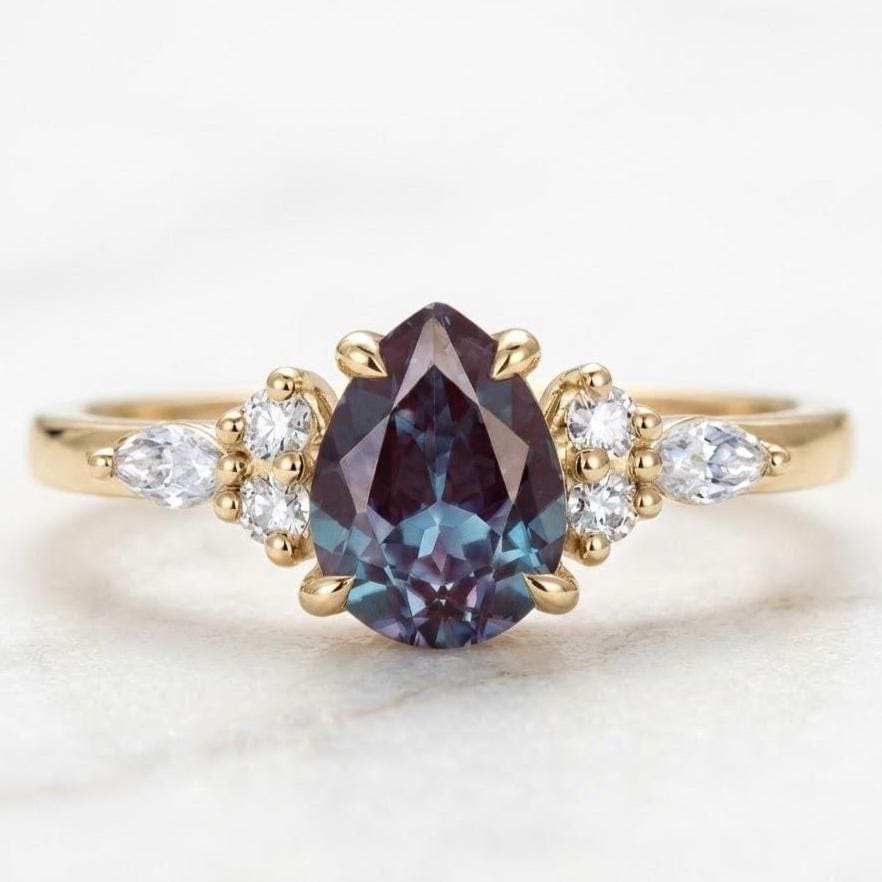 Pear Cut Chatham Alexandrite Engagement Ring, East West Marquise Diamond 14K Gold Art Deco Wedding