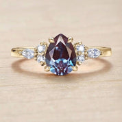 Pear Cut Chatham Alexandrite Engagement Ring, East West Marquise Diamond 14K Gold Art Deco Wedding - view 2