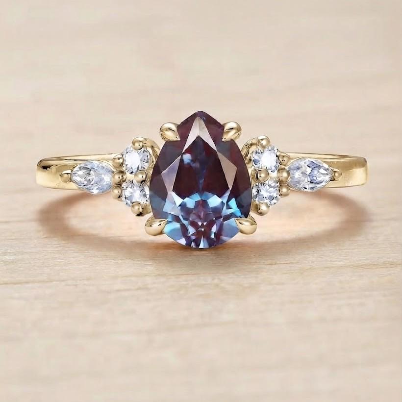 Pear Cut Chatham Alexandrite Engagement Ring, East West Marquise Diamond 14K Gold Art Deco Wedding - view 2