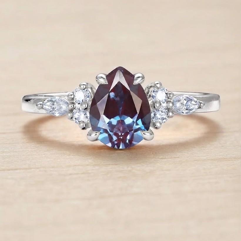 Pear Cut Chatham Alexandrite Engagement Ring, East West Marquise Diamond 14K Gold Art Deco Wedding - view 4