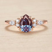 Pear Cut Chatham Alexandrite Engagement Ring, East West Marquise Diamond 14K Gold Art Deco Wedding - view 5