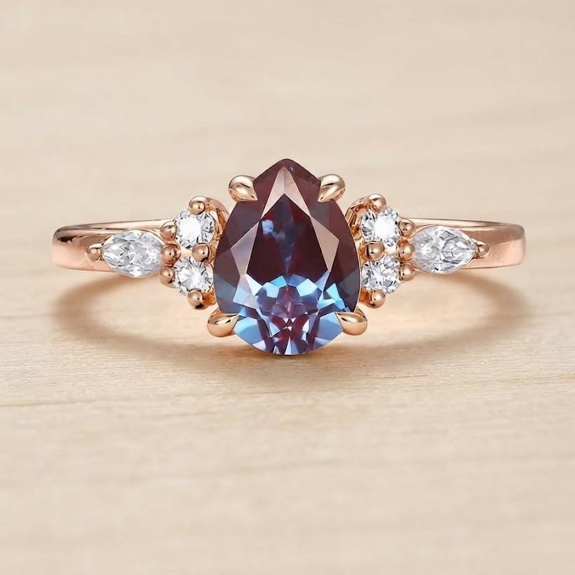 Pear Cut Chatham Alexandrite Engagement Ring, East West Marquise Diamond 14K Gold Art Deco Wedding - view 5