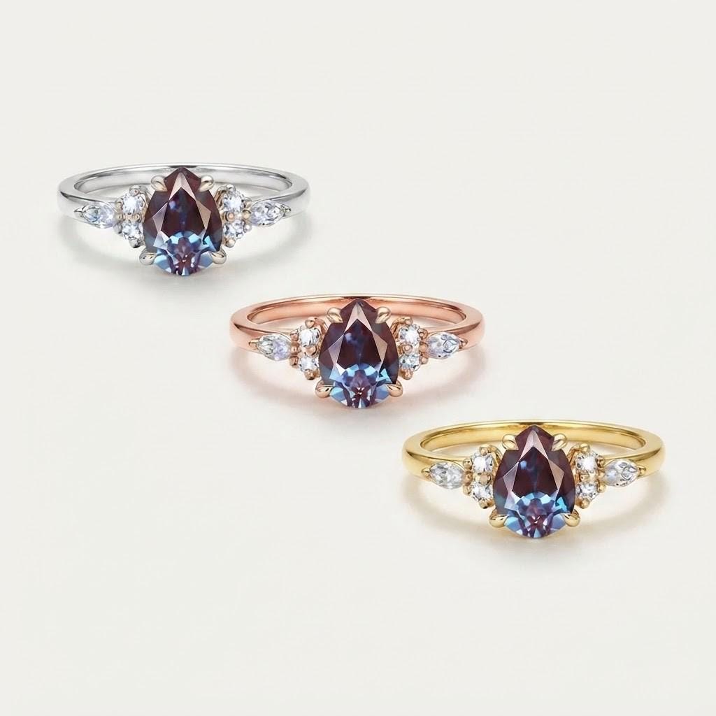 Pear Cut Chatham Alexandrite Engagement Ring, East West Marquise Diamond 14K Gold Art Deco Wedding - view 6