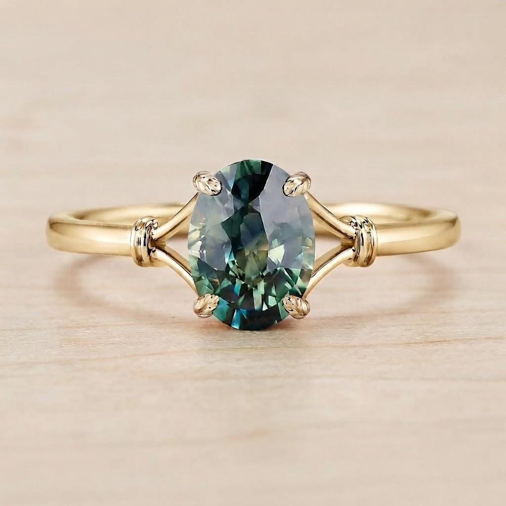 Teal Sapphire Engagement Ring, Oval Leaf Prong Solitaire, 9K 14K 18K Gold