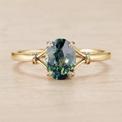 Teal Sapphire Engagement Ring, Oval Leaf Prong Solitaire, 9K 14K 18K Gold