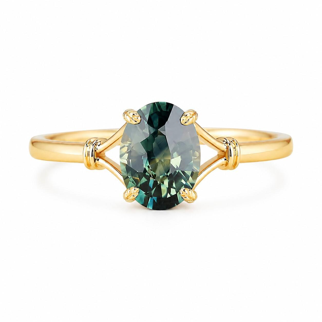 Teal Sapphire Engagement Ring, Oval Leaf Prong Solitaire, 9K 14K 18K Gold - view 2