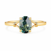 Teal Sapphire Engagement Ring, Oval Leaf Prong Solitaire, 9K 14K 18K Gold - view 2