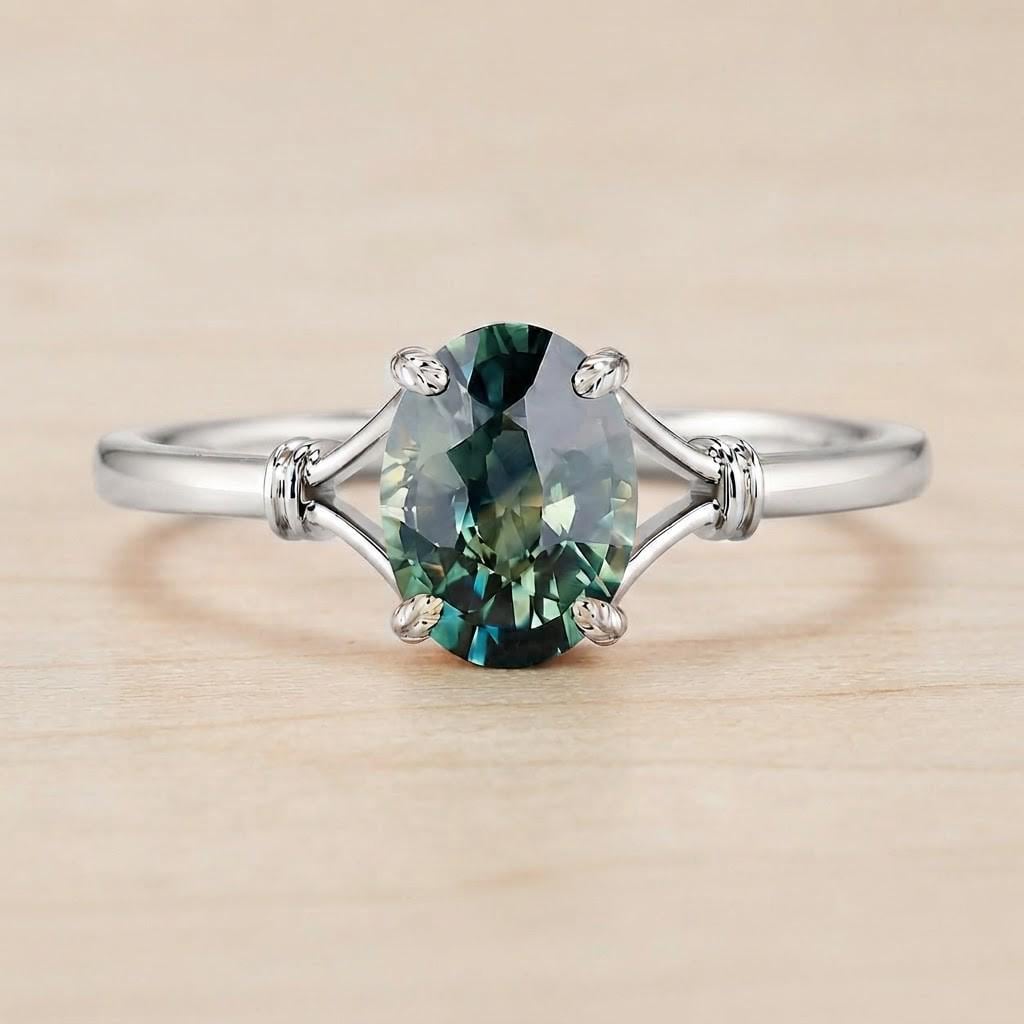 Teal Sapphire Engagement Ring, Oval Leaf Prong Solitaire, 9K 14K 18K Gold - view 3