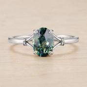 Teal Sapphire Engagement Ring, Oval Leaf Prong Solitaire, 9K 14K 18K Gold - view 3