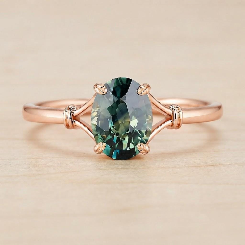 Teal Sapphire Engagement Ring, Oval Leaf Prong Solitaire, 9K 14K 18K Gold - view 4