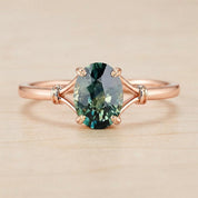 Teal Sapphire Engagement Ring, Oval Leaf Prong Solitaire, 9K 14K 18K Gold - view 4