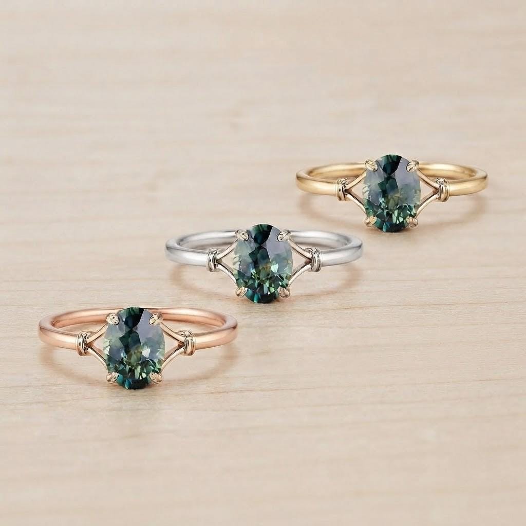Teal Sapphire Engagement Ring, Oval Leaf Prong Solitaire, 9K 14K 18K Gold - view 5