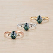 Teal Sapphire Engagement Ring, Oval Leaf Prong Solitaire, 9K 14K 18K Gold - view 5