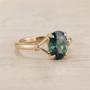 Teal Sapphire Engagement Ring, Oval Leaf Prong Solitaire, 9K 14K 18K Gold - view 6
