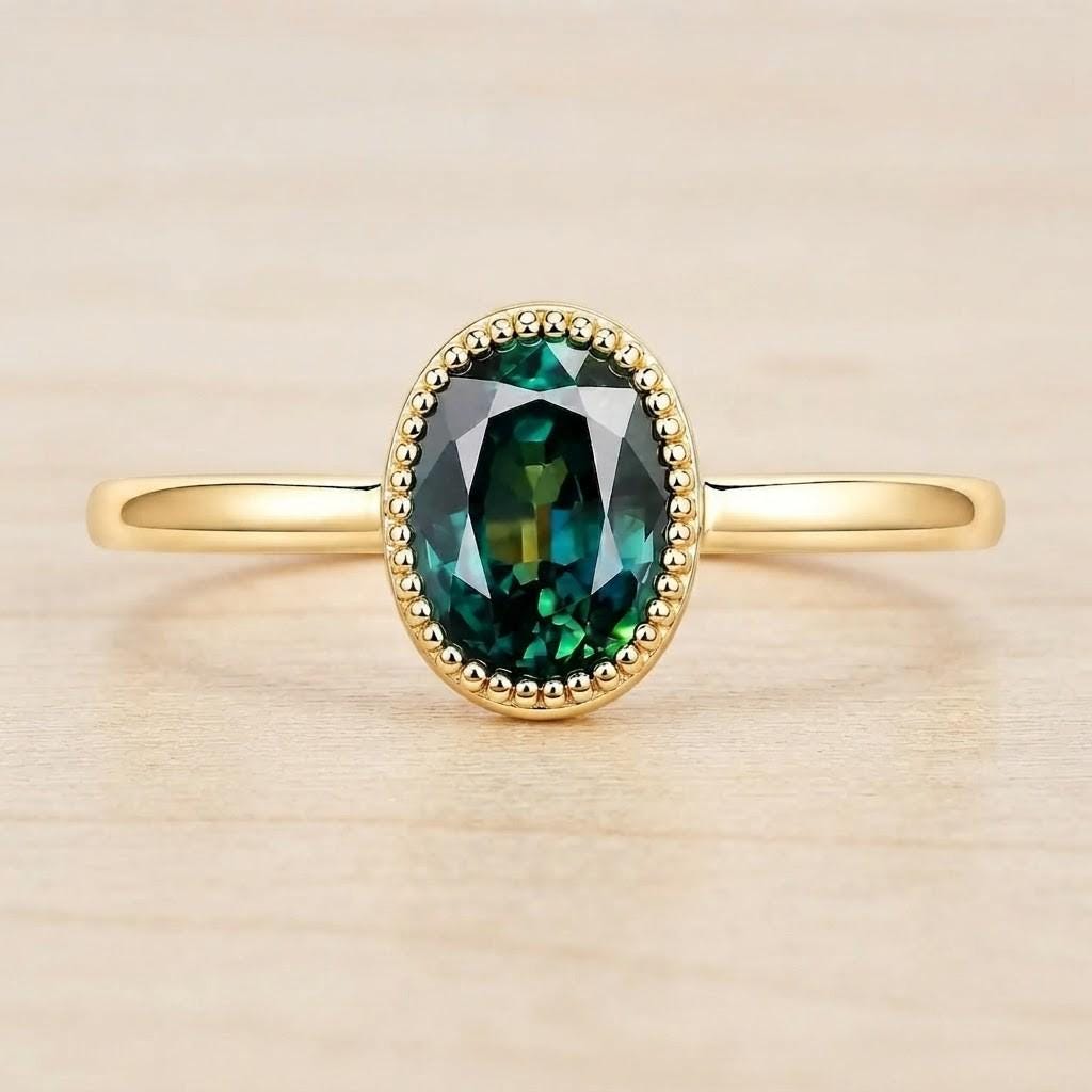 Teal Sapphire Engagement Ring, Oval Milgrain Bezel, 9K 14K 18K Solid Gold