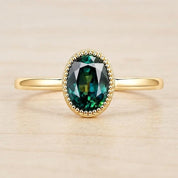 Teal Sapphire Engagement Ring, Oval Milgrain Bezel, 9K 14K 18K Solid Gold