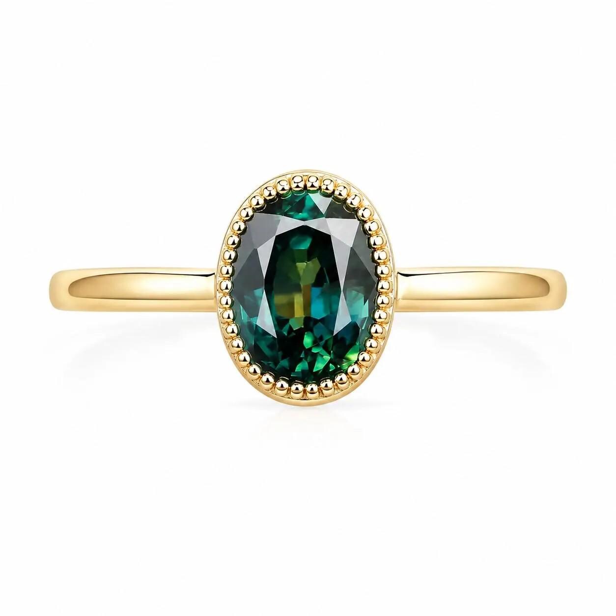 Teal Sapphire Engagement Ring, Oval Milgrain Bezel, 9K 14K 18K Solid Gold - view 2
