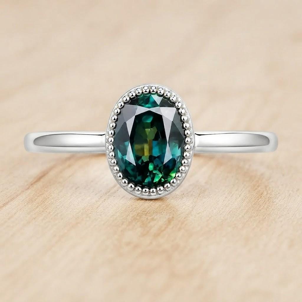 Teal Sapphire Engagement Ring, Oval Milgrain Bezel, 9K 14K 18K Solid Gold - view 3