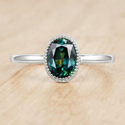 Teal Sapphire Engagement Ring, Oval Milgrain Bezel, 9K 14K 18K Solid Gold - view 3