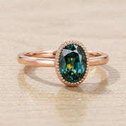 Teal Sapphire Engagement Ring, Oval Milgrain Bezel, 9K 14K 18K Solid Gold - view 4