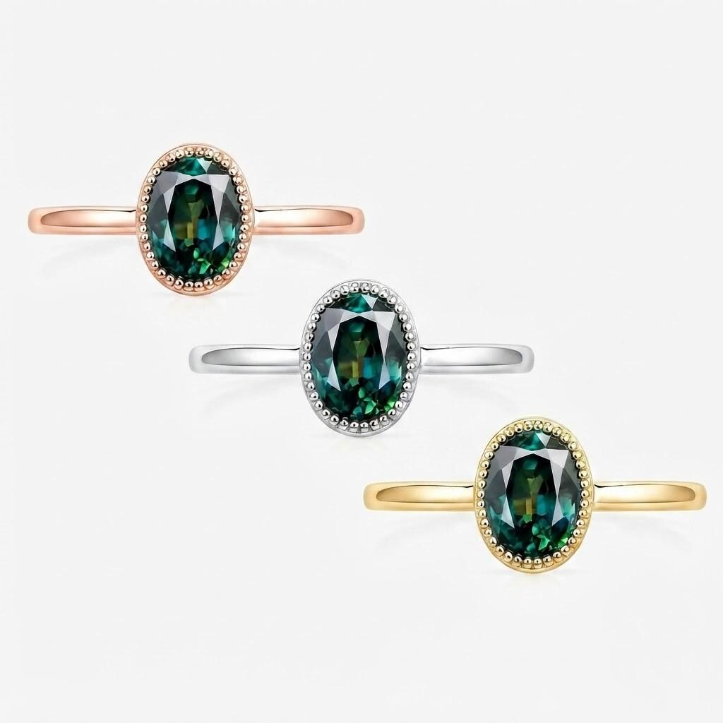 Teal Sapphire Engagement Ring, Oval Milgrain Bezel, 9K 14K 18K Solid Gold - view 5