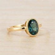 Teal Sapphire Engagement Ring, Oval Milgrain Bezel, 9K 14K 18K Solid Gold - view 6