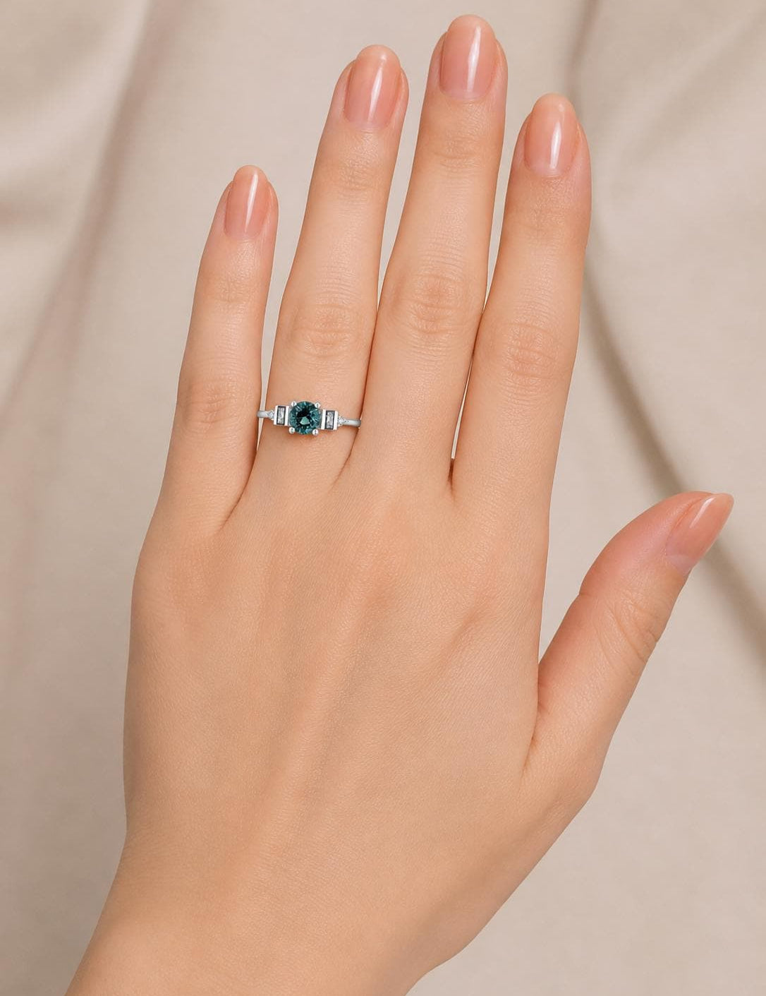Teal Sapphire Engagement Ring, 14K Gold with Salt and Pepper Baguette Diamonds