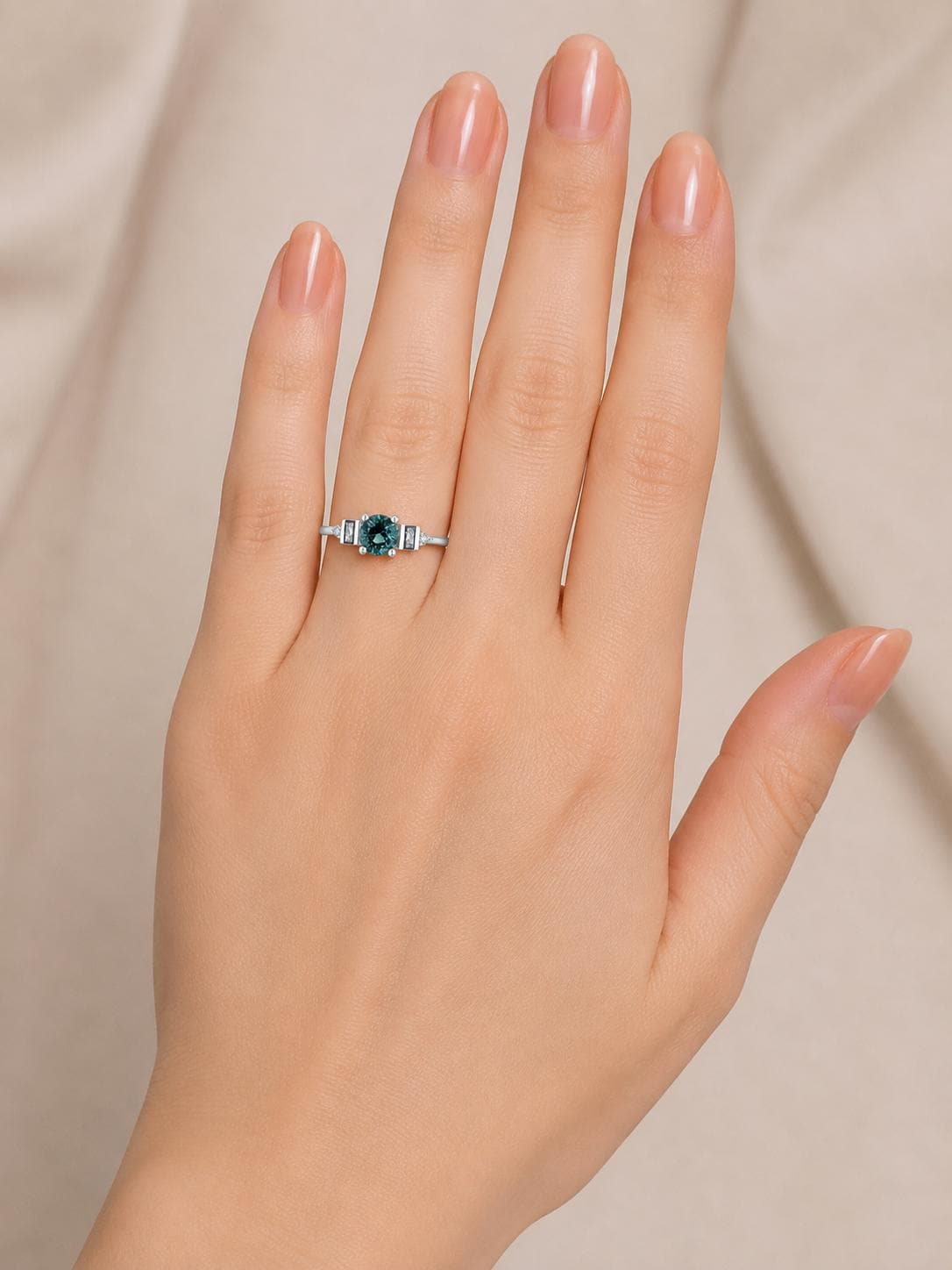Teal Sapphire Engagement Ring, 14K Gold with Salt and Pepper Baguette Diamonds
