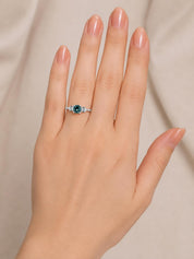 Teal Sapphire Engagement Ring, 14K Gold with Salt and Pepper Baguette Diamonds