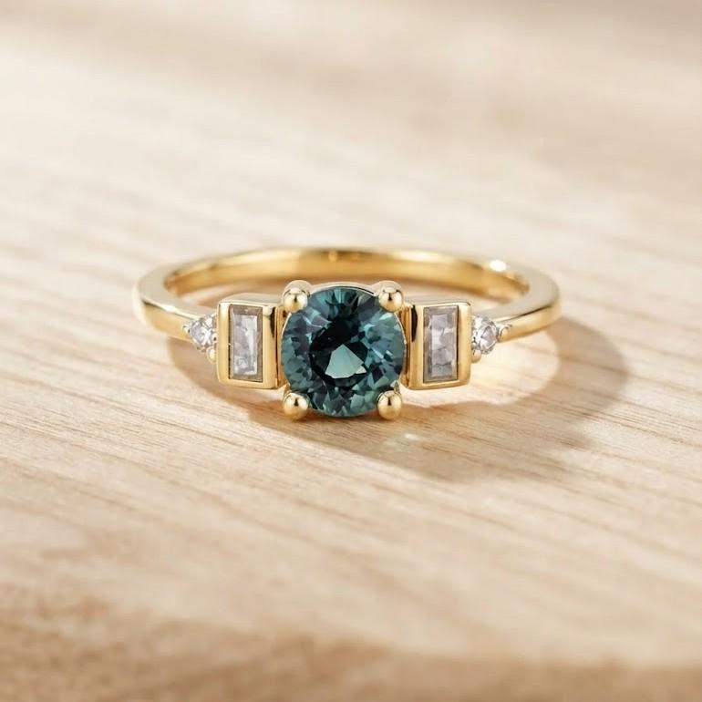 Teal Sapphire Engagement Ring, 14K Gold with Salt and Pepper Baguette Diamonds - view 2
