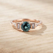 Teal Sapphire Engagement Ring, 14K Gold with Salt and Pepper Baguette Diamonds - view 3