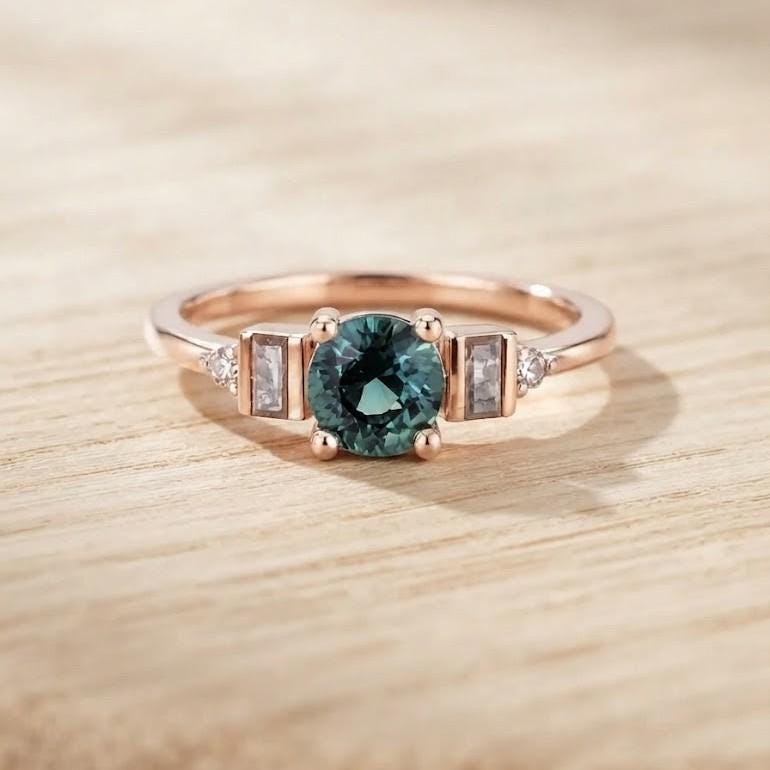 Teal Sapphire Engagement Ring, 14K Gold with Salt and Pepper Baguette Diamonds - view 3