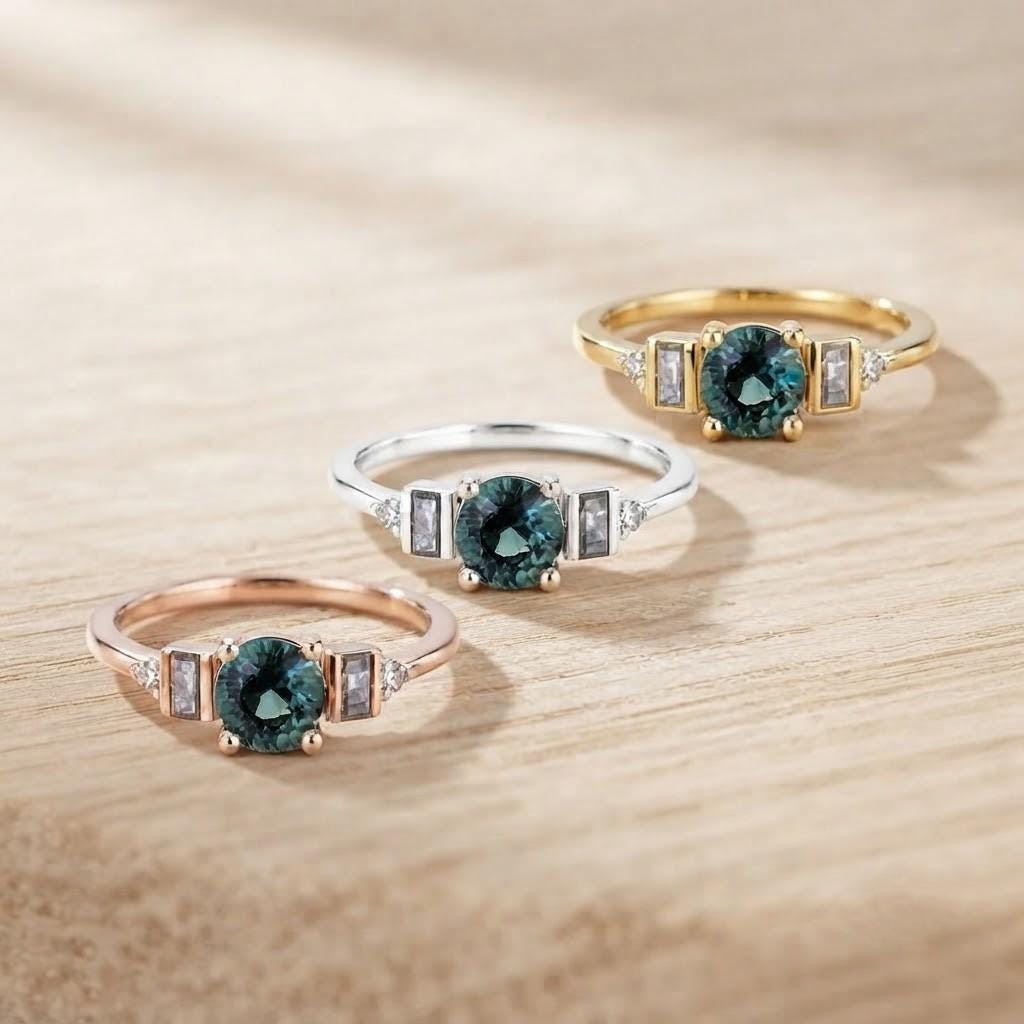 Teal Sapphire Engagement Ring, 14K Gold with Salt and Pepper Baguette Diamonds - view 4
