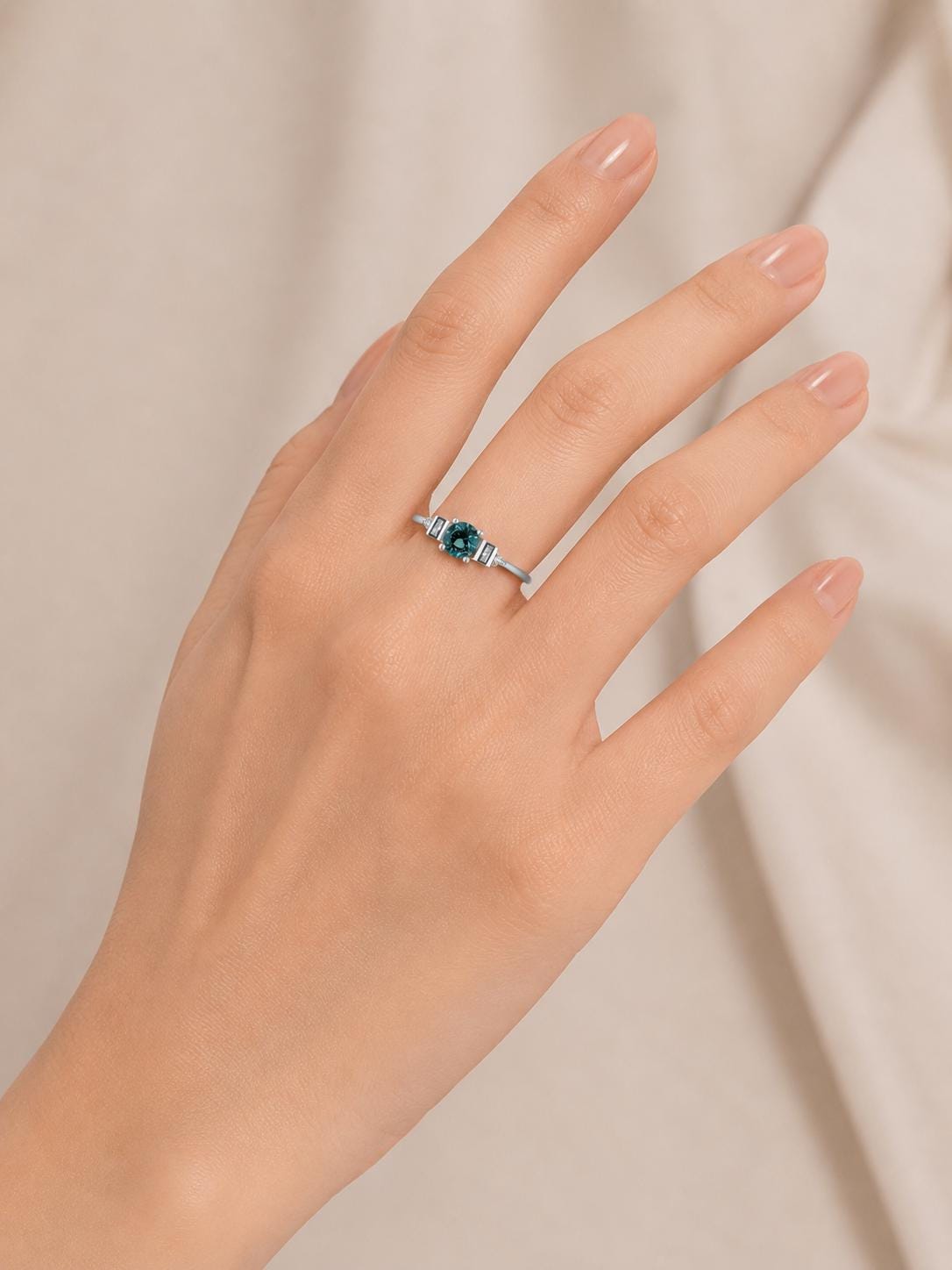 Teal Sapphire Engagement Ring, 14K Gold with Salt and Pepper Baguette Diamonds - view 5