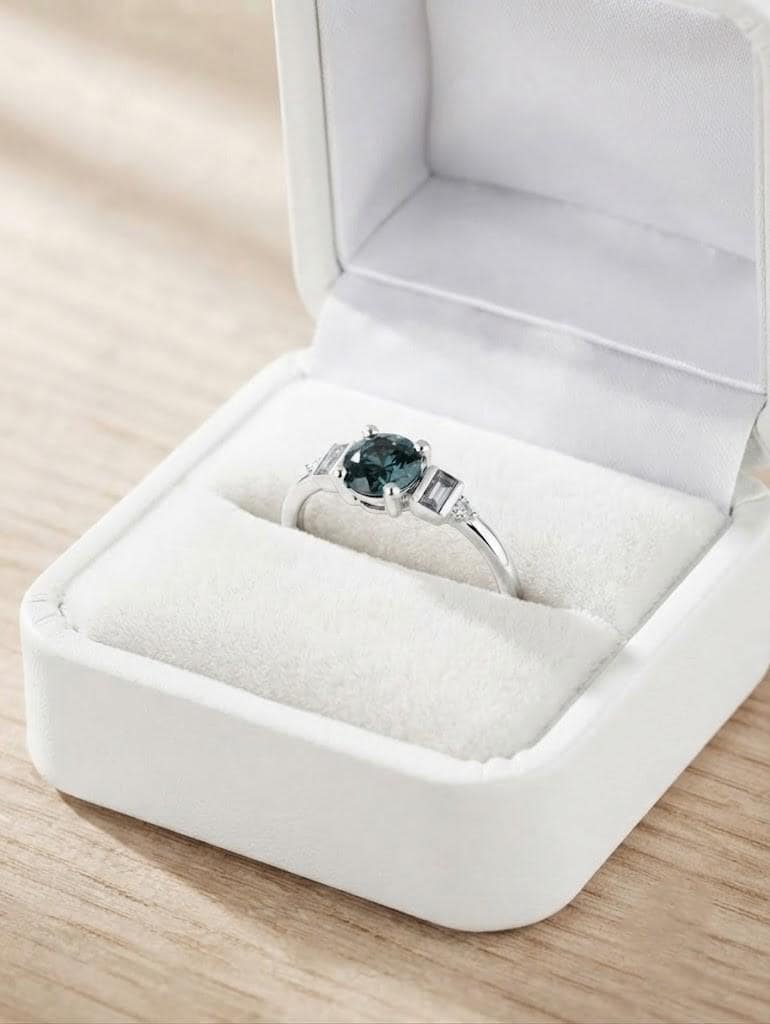 Teal Sapphire Engagement Ring, 14K Gold with Salt and Pepper Baguette Diamonds - view 6