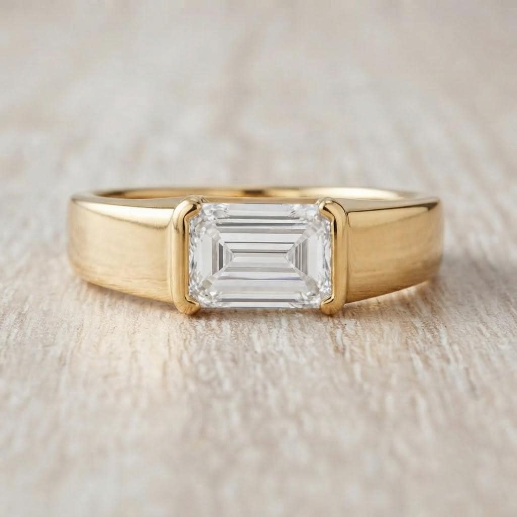 East West Emerald Cut Lab Grown Diamond Signet Ring, 14K Gold Half Bezel Dome Style