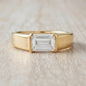 East West Emerald Cut Lab Grown Diamond Signet Ring, 14K Gold Half Bezel Dome Style