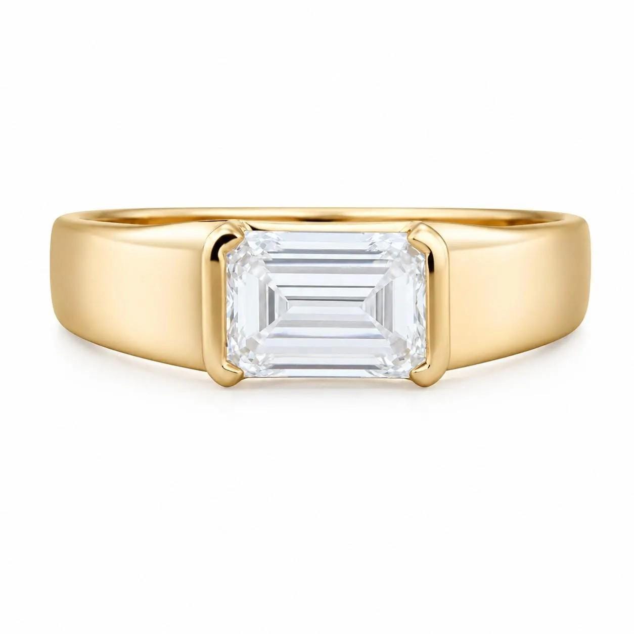 East West Emerald Cut Lab Grown Diamond Signet Ring, 14K Gold Half Bezel Dome Style - view 2