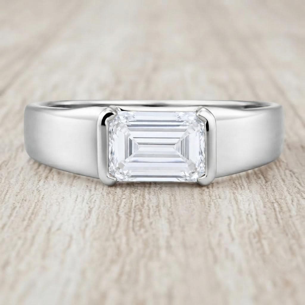 East West Emerald Cut Lab Grown Diamond Signet Ring, 14K Gold Half Bezel Dome Style - view 3