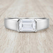 East West Emerald Cut Lab Grown Diamond Signet Ring, 14K Gold Half Bezel Dome Style - view 3