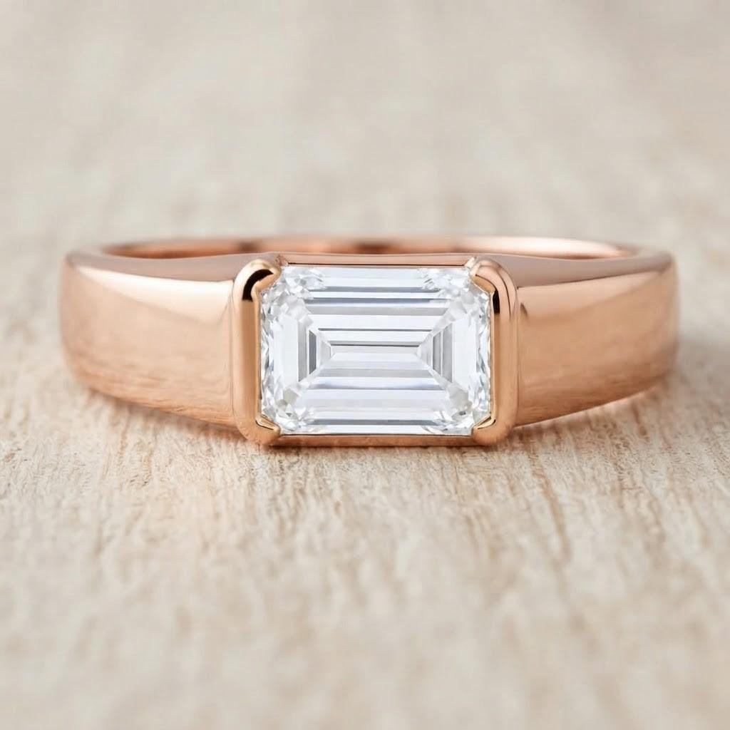 East West Emerald Cut Lab Grown Diamond Signet Ring, 14K Gold Half Bezel Dome Style - view 4