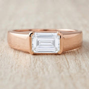 East West Emerald Cut Lab Grown Diamond Signet Ring, 14K Gold Half Bezel Dome Style - view 4