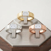 East West Emerald Cut Lab Grown Diamond Signet Ring, 14K Gold Half Bezel Dome Style - view 5