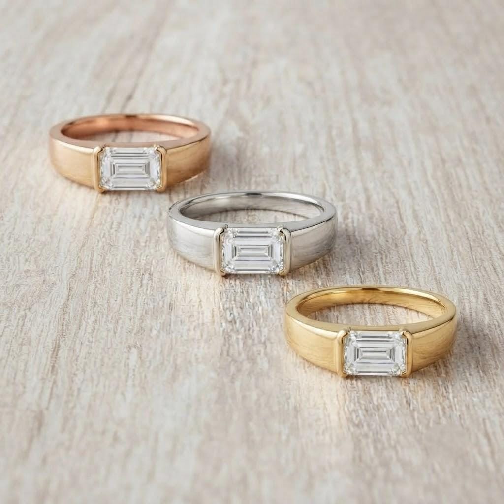 East West Emerald Cut Lab Grown Diamond Signet Ring, 14K Gold Half Bezel Dome Style - view 6