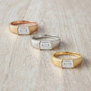 East West Emerald Cut Lab Grown Diamond Signet Ring, 14K Gold Half Bezel Dome Style - view 6