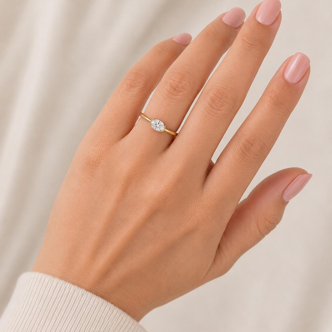 Lab Grown Diamond Pinky Ring, Gold Dainty Half Bezel Modern Thin Jewelry Oval Rings Fine